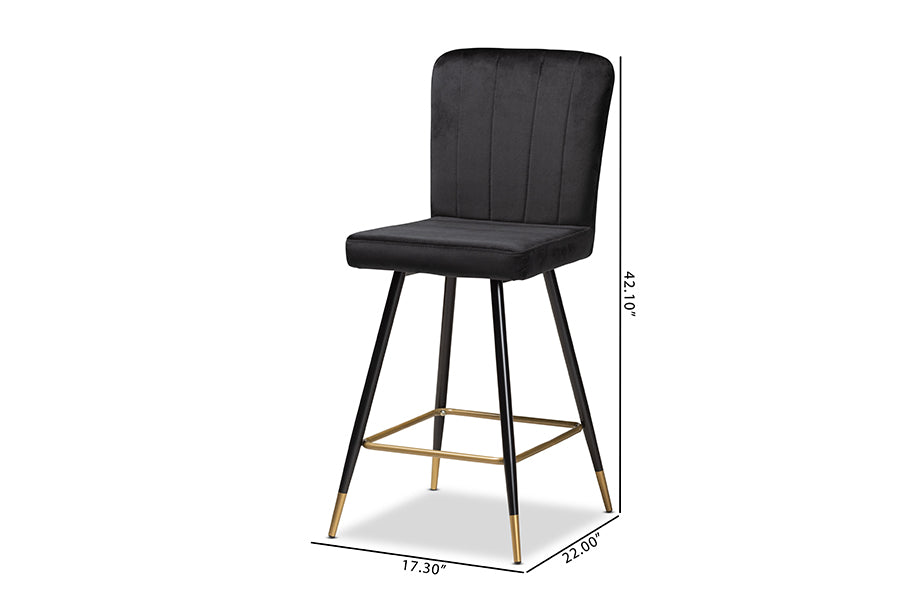 Baxton Studio Preston Modern Luxe and Glam Black Velvet Fabric Upholstered and Two-Tone Black and Gold Finished Metal 2-Piece Bar Stool Set | Bar Stools | Modishstore - 7