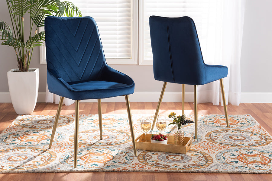 Baxton Studio Priscilla Contemporary Glam and Luxe Green Velvet Fabric Upholstered and Gold Finished Metal 2-Piece Dining Chair Set | Dining Chairs | Modishstore - 9