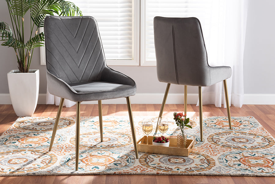Baxton Studio Priscilla Contemporary Glam and Luxe Green Velvet Fabric Upholstered and Gold Finished Metal 2-Piece Dining Chair Set | Dining Chairs | Modishstore - 17