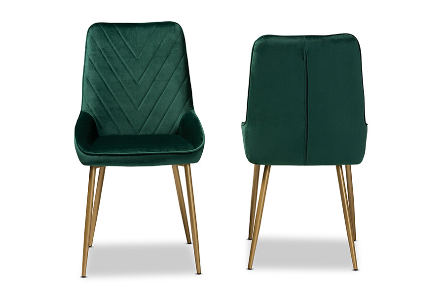 Baxton Studio Priscilla Contemporary Glam and Luxe Green Velvet Fabric Upholstered and Gold Finished Metal 2-Piece Dining Chair Set | Dining Chairs | Modishstore - 4
