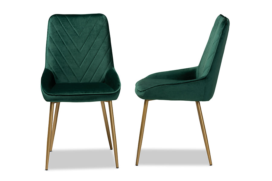 Baxton Studio Priscilla Contemporary Glam and Luxe Green Velvet Fabric Upholstered and Gold Finished Metal 2-Piece Dining Chair Set | Dining Chairs | Modishstore - 5