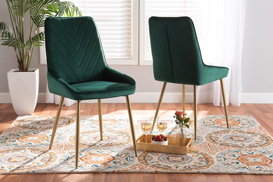 Baxton Studio Priscilla Contemporary Glam and Luxe Green Velvet Fabric Upholstered and Gold Finished Metal 2-Piece Dining Chair Set | Dining Chairs | Modishstore