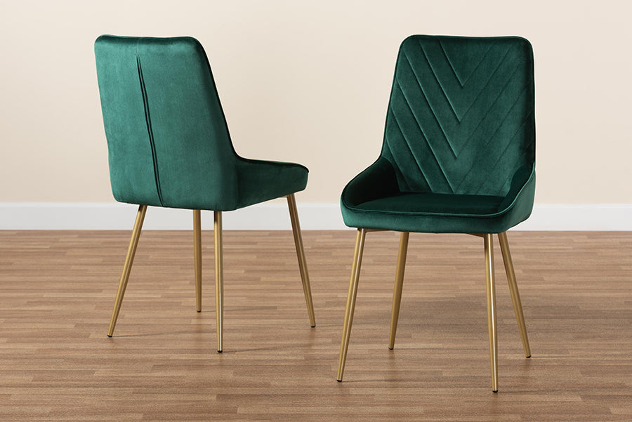 Baxton Studio Priscilla Contemporary Glam and Luxe Green Velvet Fabric Upholstered and Gold Finished Metal 2-Piece Dining Chair Set | Dining Chairs | Modishstore - 3