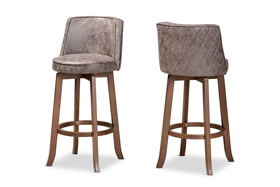 baxton studio adams modern transitional distressed grey fabric upholstered and walnut brown finished wood 2 piece bar stool set | Modish Furniture Store-2