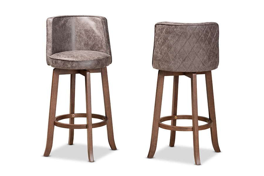 baxton studio adams modern transitional distressed grey fabric upholstered and walnut brown finished wood 2 piece bar stool set | Modish Furniture Store-3