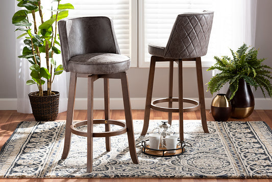 Baxton Studio Adams Modern Transitional Distressed Grey Fabric Upholstered and Walnut Brown Finished Wood 2-Piece Bar Stool Set | Modishstore | Bar Stools