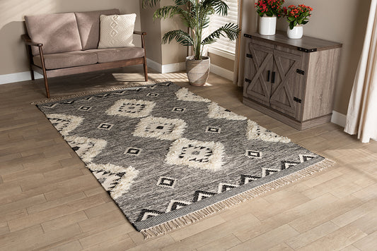 Baxton Studio Avia Modern and Contemporary Black and Ivory Handwoven Wool Area Rug | Modishstore | Rugs