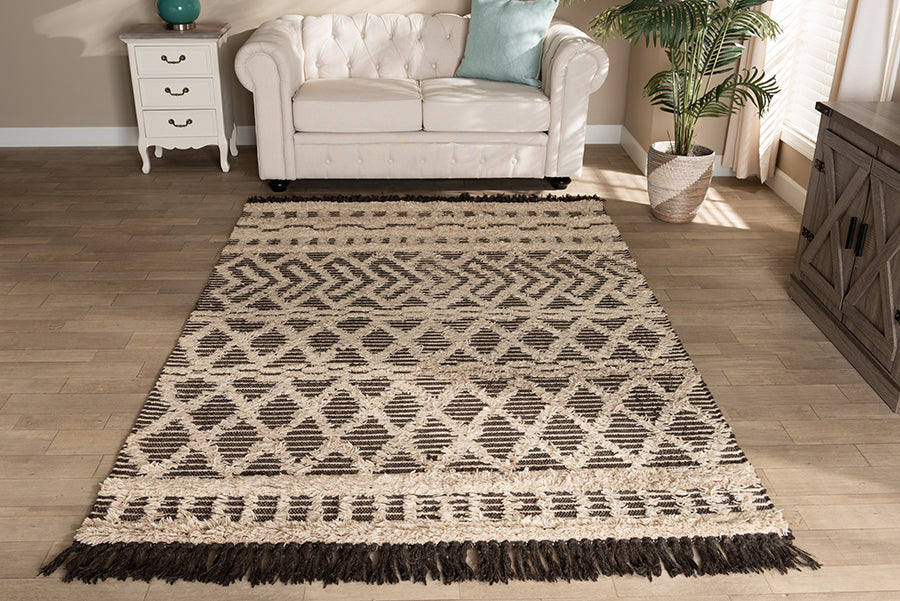 Baxton Studio Heino Modern and Contemporary Ivory and Charcoal Handwoven Wool Area Rug | Modishstore | Rugs