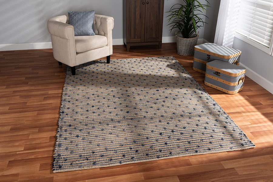 Baxton Studio Berries Modern and Contemporary Natural Brown and Blue Handwoven Jute Blend Area Rug | Modishstore | Rugs