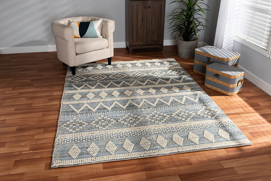 Baxton Studio Callum Modern and Contemporary Ivory and Blue Handwoven Wool Blend Area Rug | Modishstore | Rugs