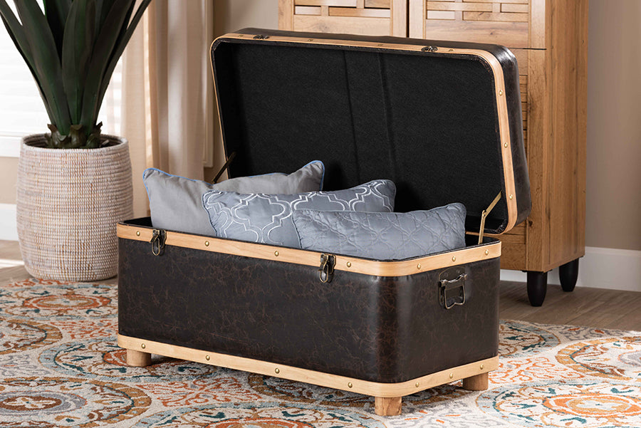 Baxton Studio Gendry Modern Rustic Transitional Dark Brown Faux Leather Upholstered and Oak Brown Finished Wood Large Storage Ottoman | Ottomans | Modishstore - 3