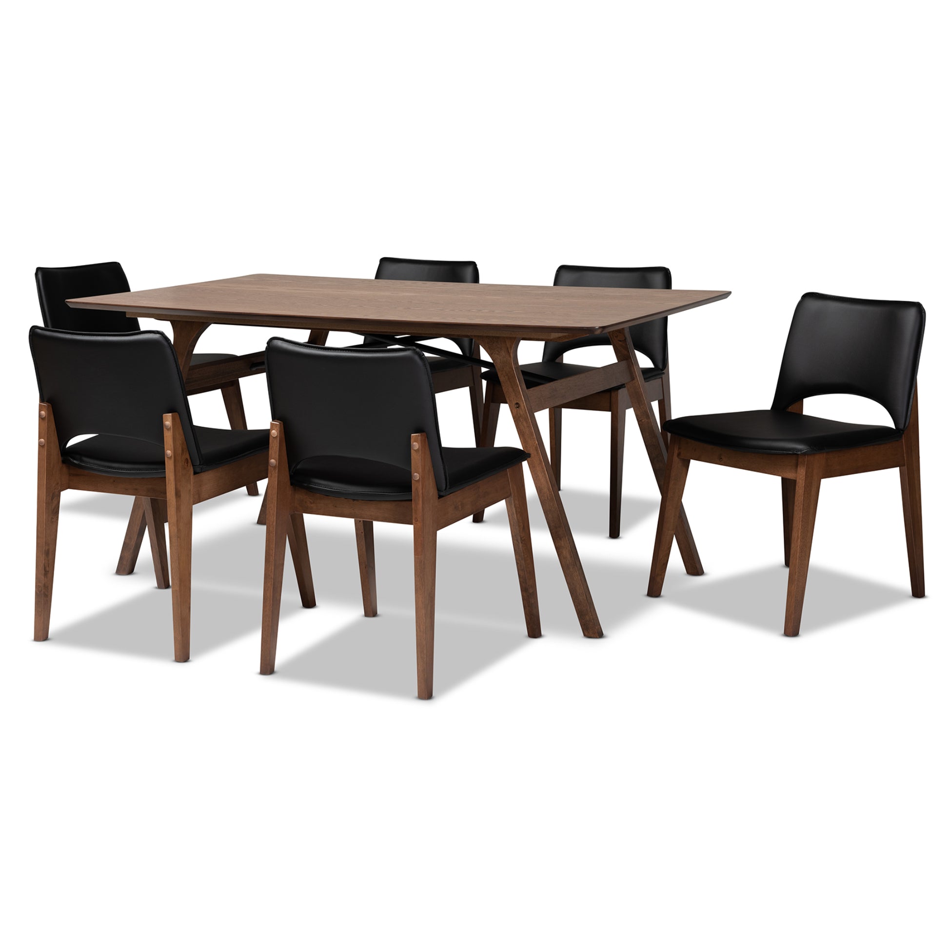Baxton Studio Afton Mid-Century Modern Black Faux Leather Upholstered and Walnut Brown Finished Wood 7-Piece Dining Set | Dining Sets | Modishstore - 2
