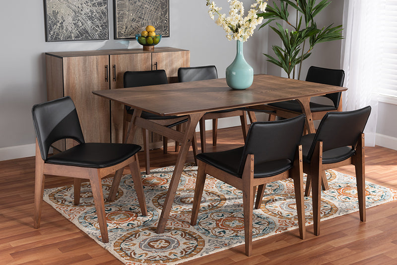 Baxton Studio Afton Mid-Century Modern Black Faux Leather Upholstered and Walnut Brown Finished Wood 7-Piece Dining Set | Dining Sets | Modishstore