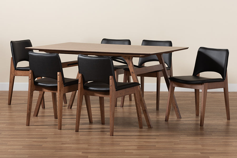 Baxton Studio Afton Mid-Century Modern Black Faux Leather Upholstered and Walnut Brown Finished Wood 7-Piece Dining Set | Dining Sets | Modishstore - 3