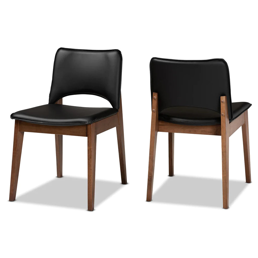 Baxton Studio Afton Mid-Century Modern Black Faux Leather Upholstered and Walnut Brown Finished Wood 2-Piece Dining Chair Set | Dining Chairs | Modishstore - 2