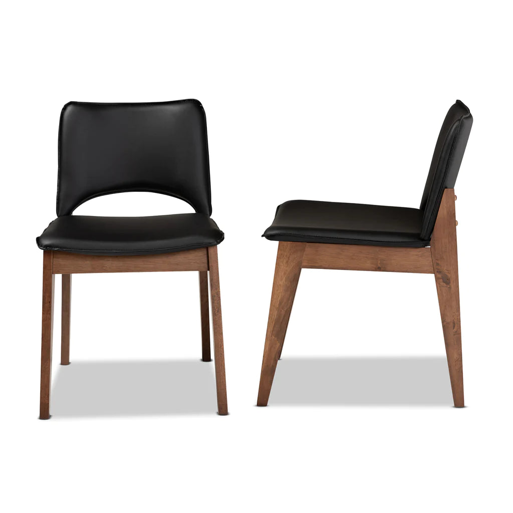 Baxton Studio Afton Mid-Century Modern Black Faux Leather Upholstered and Walnut Brown Finished Wood 2-Piece Dining Chair Set | Dining Chairs | Modishstore - 4