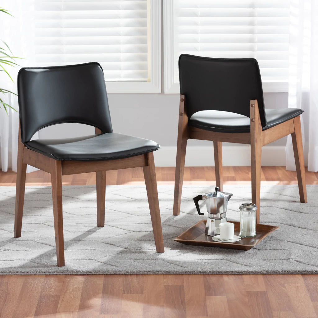 Baxton Studio Afton Mid-Century Modern Black Faux Leather Upholstered and Walnut Brown Finished Wood 2-Piece Dining Chair Set | Dining Chairs | Modishstore