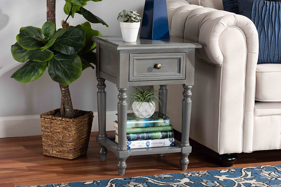 Baxton Studio Sheldon Modern and Contemporary Vintage Grey Finished Wood 1-Drawer Nightstand | Nightstands | Modishstore
