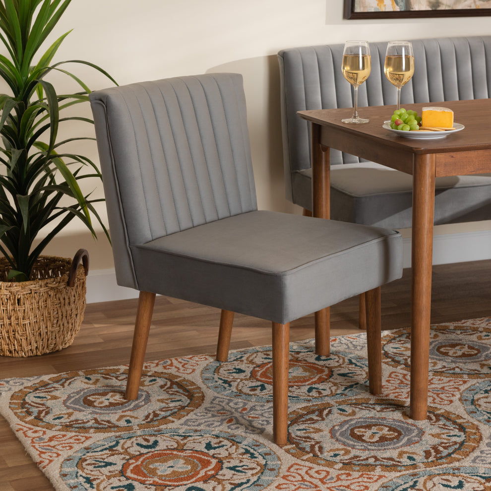 Baxton Studio Alvis Mid-Century Modern Grey Velvet Upholstered And Walnut Brown Finished Wood Dining Chair | Dining Chairs | Modishstore
