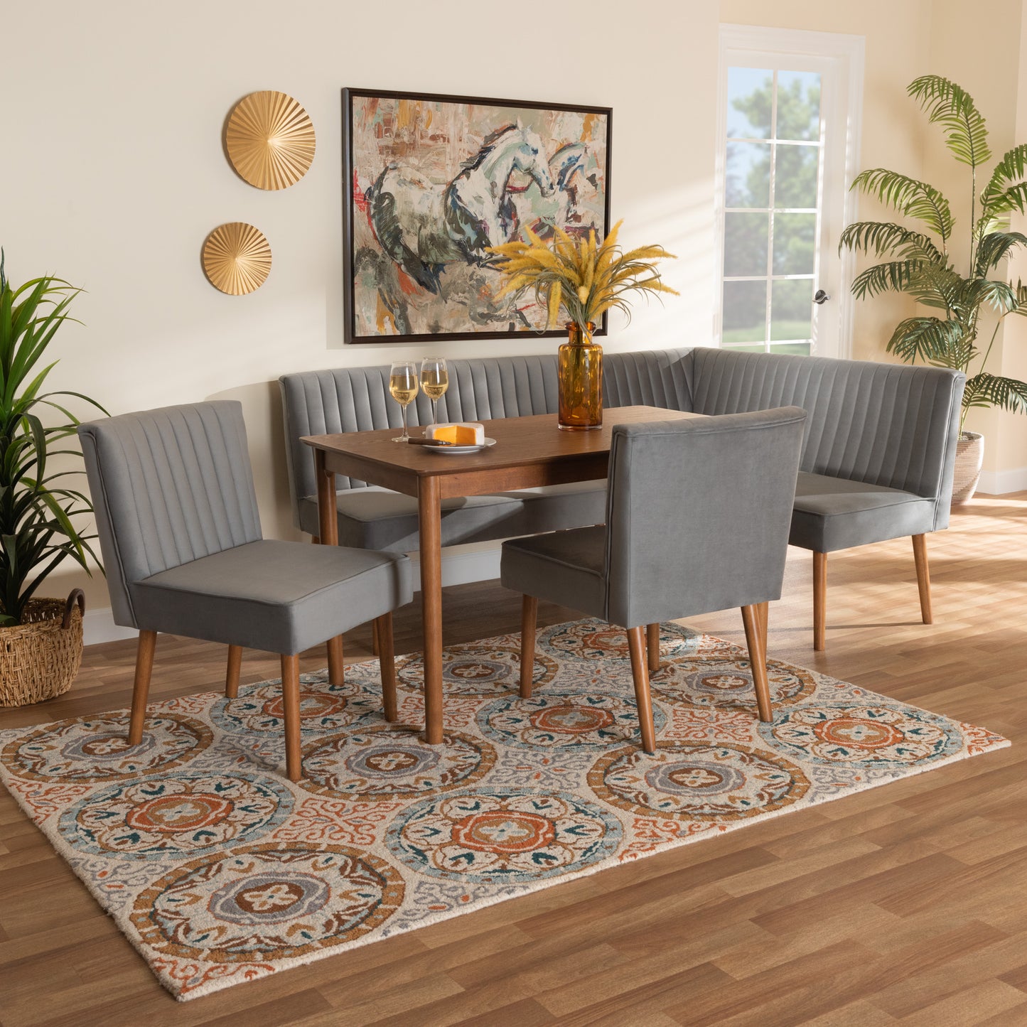 Baxton Studio Alvis Mid-Century Modern Grey Velvet Upholstered And Walnut Brown Finished Wood 5-Piece Dining Nook Set | Dining Sets | Modishstore
