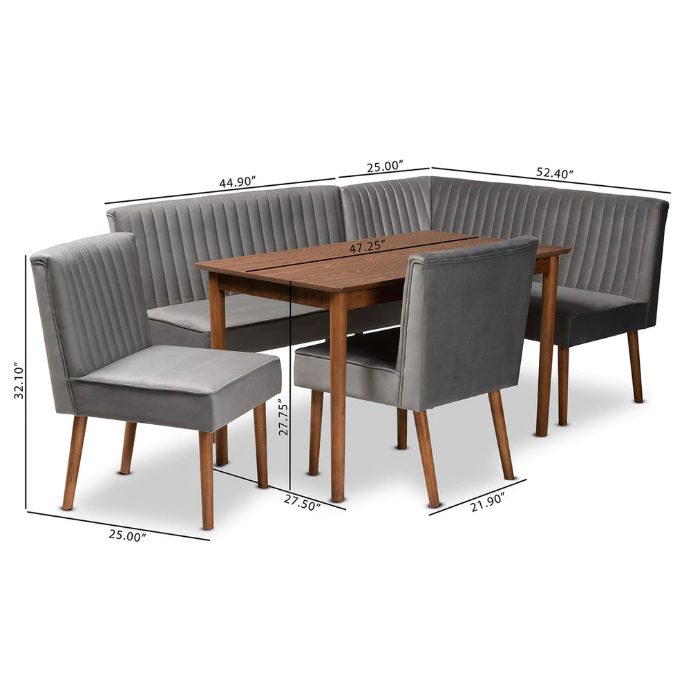 Baxton Studio Alvis Mid-Century Modern Grey Velvet Upholstered And Walnut Brown Finished Wood 5-Piece Dining Nook Set | Dining Sets | Modishstore - 7