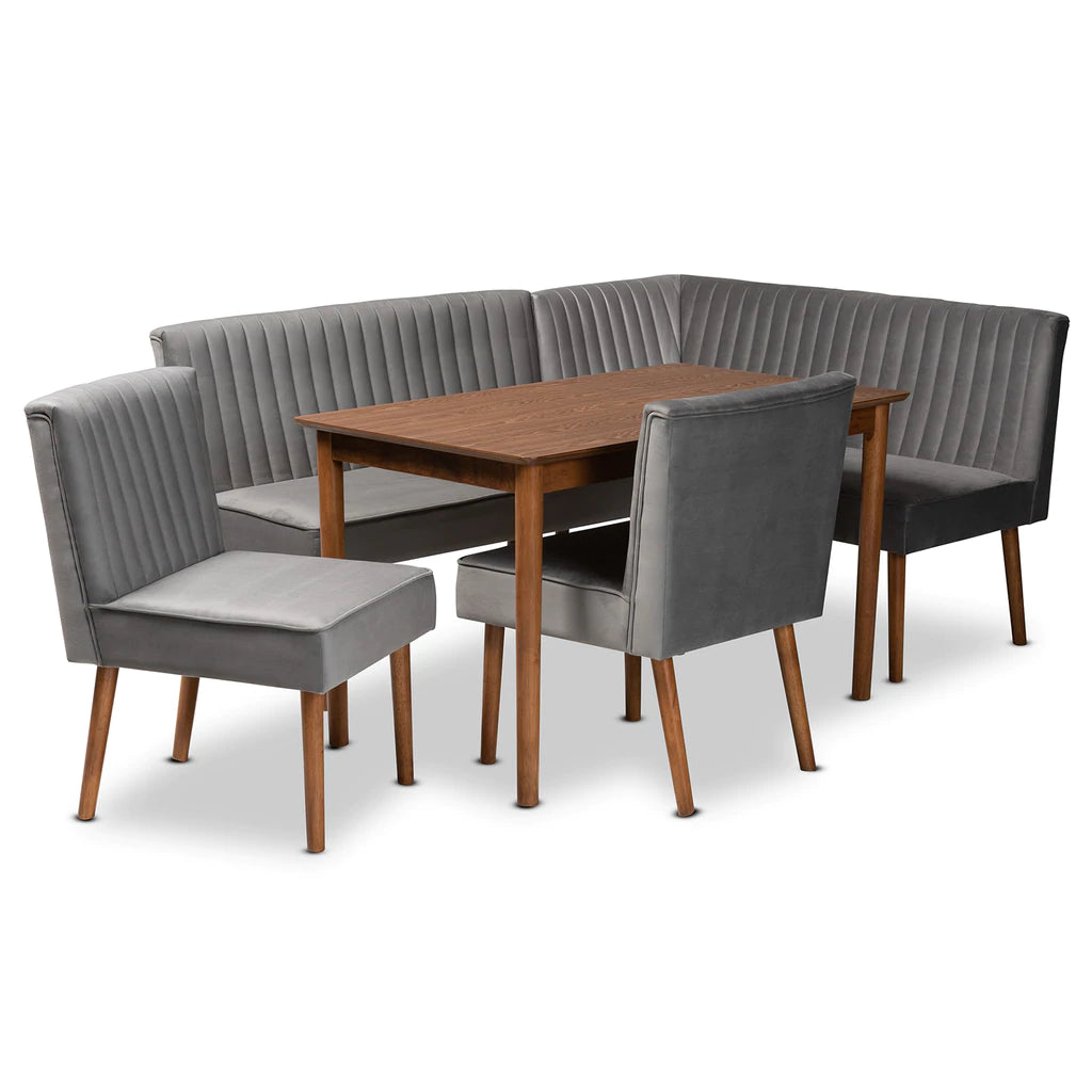 Baxton Studio Alvis Mid-Century Modern Grey Velvet Upholstered And Walnut Brown Finished Wood 5-Piece Dining Nook Set | Dining Sets | Modishstore - 2