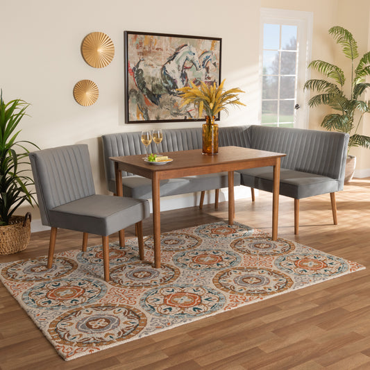 Baxton Studio Alvis Mid-Century Modern Grey Velvet Upholstered And Walnut Brown Finished Wood 4-Piece Dining Nook Set | Dining Sets | Modishstore