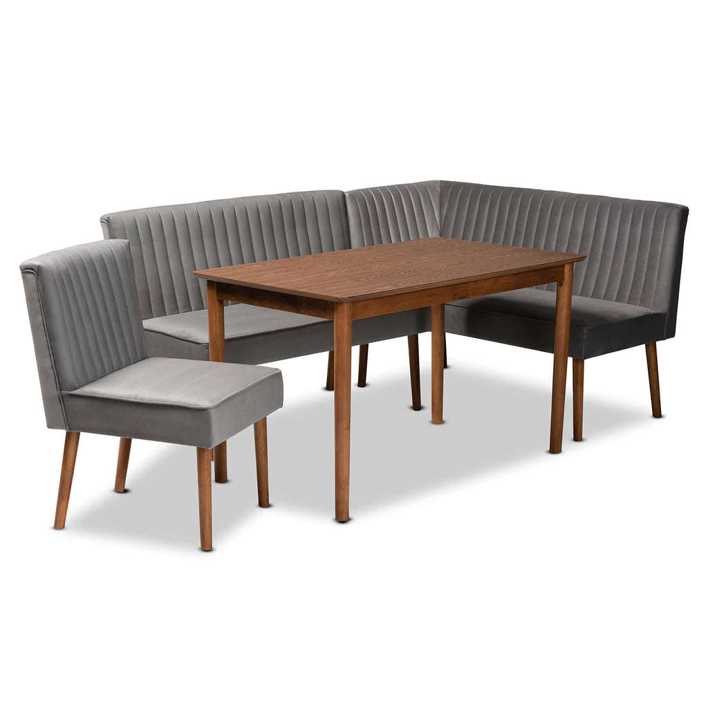 Baxton Studio Alvis Mid-Century Modern Grey Velvet Upholstered And Walnut Brown Finished Wood 4-Piece Dining Nook Set | Dining Sets | Modishstore - 2