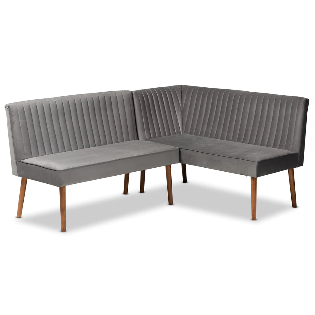 Baxton Studio Alvis Mid-Century Modern Grey Velvet Upholstered And Walnut Brown Finished Wood 2-Piece Dining Nook Banquette Set | Sofas | Modishstore - 2