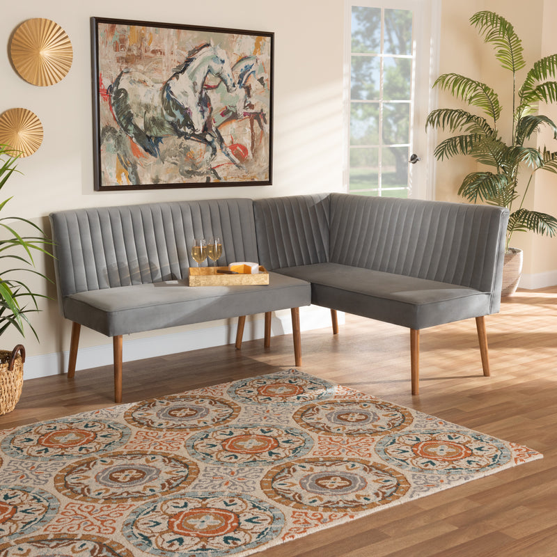Baxton Studio Alvis Mid-Century Modern Grey Velvet Upholstered And Walnut Brown Finished Wood 2-Piece Dining Nook Banquette Set | Sofas | Modishstore