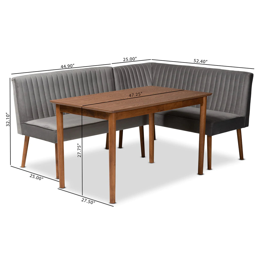 Baxton Studio Alvis Mid-Century Modern Grey Velvet Upholstered And Walnut Brown Finished Wood 3-Piece Dining Nook Set | Dining Sets | Modishstore - 2