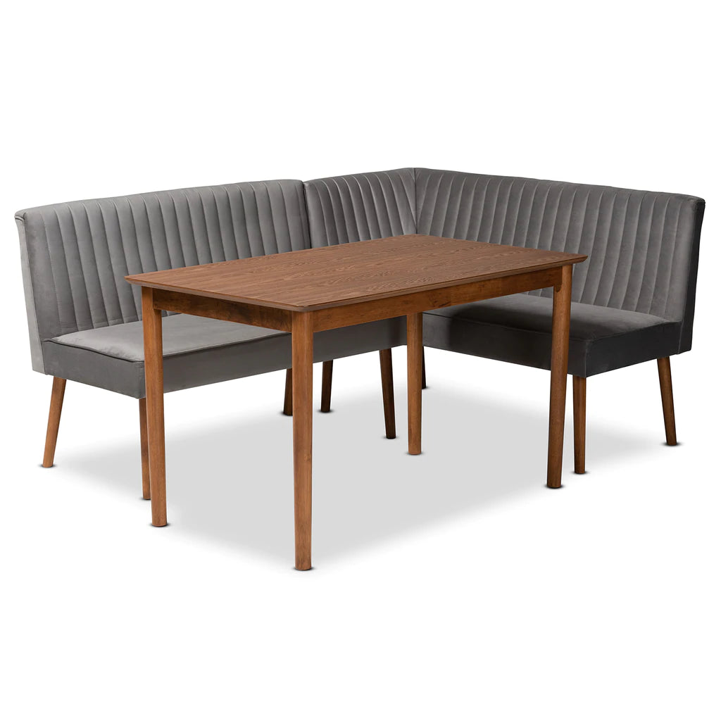 Baxton Studio Alvis Mid-Century Modern Grey Velvet Upholstered And Walnut Brown Finished Wood 3-Piece Dining Nook Set | Dining Sets | Modishstore - 3