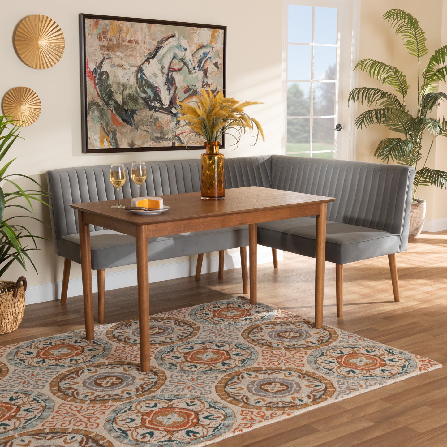 Baxton Studio Alvis Mid-Century Modern Grey Velvet Upholstered And Walnut Brown Finished Wood 3-Piece Dining Nook Set | Dining Sets | Modishstore