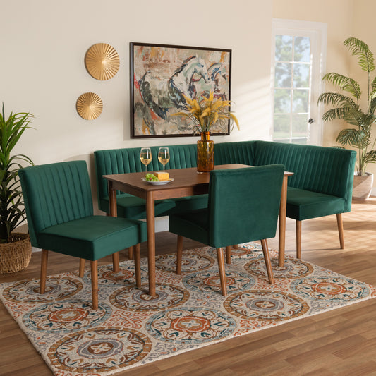 Baxton Studio Alvis Mid-Century Modern Emerald Green Velvet Upholstered And Walnut Brown Finished Wood 5-Piece Dining Nook Set | Dining Sets | Modishstore