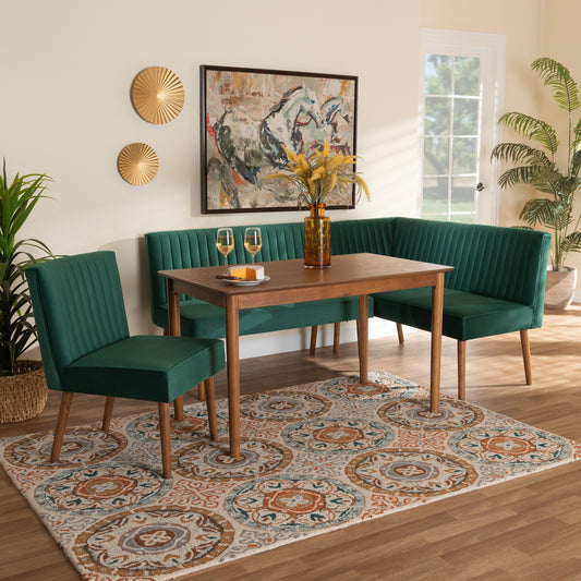 Baxton Studio Alvis Mid-Century Modern Emerald Green Velvet Upholstered And Walnut Brown Finished Wood 4-Piece Dining Nook Set | Dining Sets | Modishstore