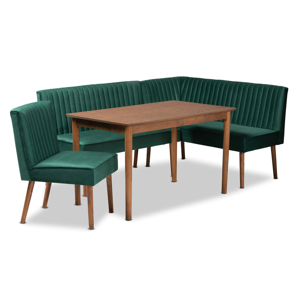 Baxton Studio Alvis Mid-Century Modern Emerald Green Velvet Upholstered And Walnut Brown Finished Wood 4-Piece Dining Nook Set | Dining Sets | Modishstore - 3