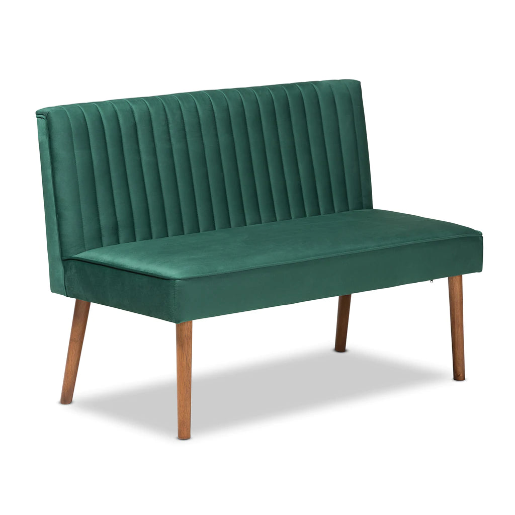 Baxton Studio Alvis Mid-Century Modern Emerald Green Velvet Upholstered And Walnut Brown Finished Wood 4-Piece Dining Nook Set | Dining Sets | Modishstore - 5