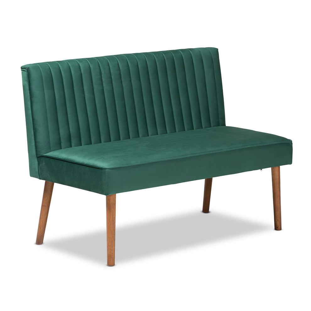 Baxton Studio Alvis Mid-Century Modern Emerald Green Velvet Upholstered And Walnut Brown Finished Wood 2-Piece Dining Nook Banquette Set | Sofas | Modishstore - 3