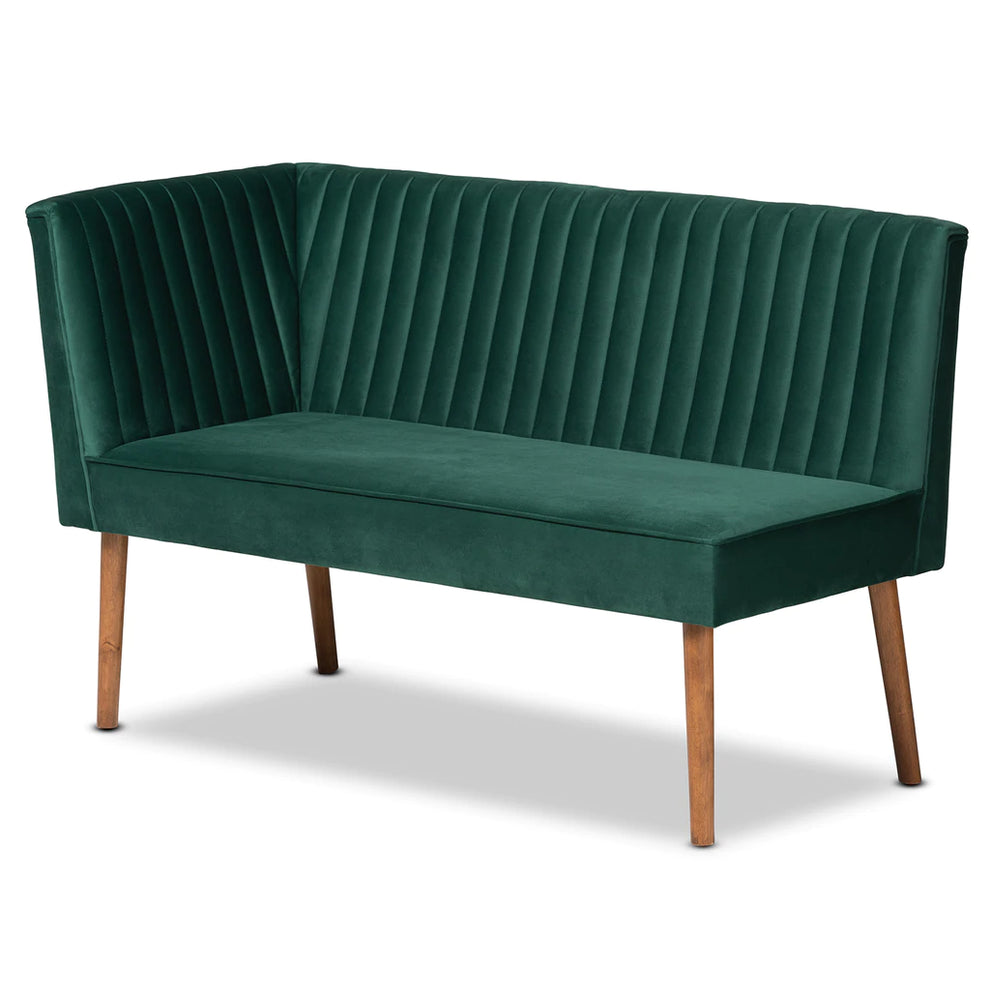 Baxton Studio Alvis Mid-Century Modern Emerald Green Velvet Upholstered And Walnut Brown Finished Wood 2-Piece Dining Nook Banquette Set | Sofas | Modishstore - 4