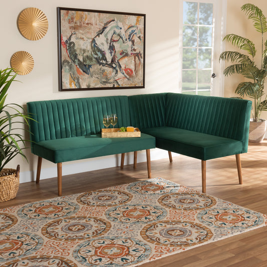 Baxton Studio Alvis Mid-Century Modern Emerald Green Velvet Upholstered And Walnut Brown Finished Wood 2-Piece Dining Nook Banquette Set | Sofas | Modishstore