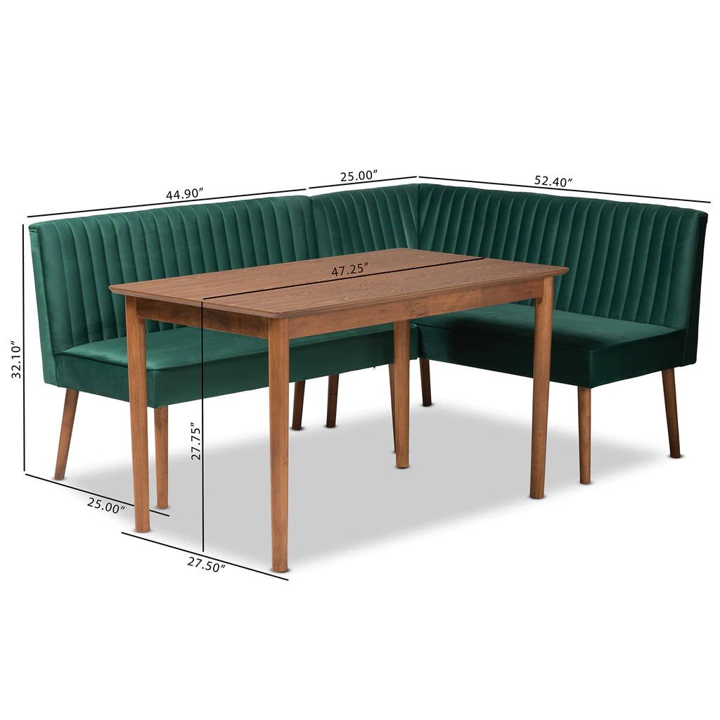 Baxton Studio Alvis Mid-Century Modern Emerald Green Velvet Upholstered And Walnut Brown Finished Wood 3-Piece Dining Nook Set | Dining Sets | Modishstore - 6