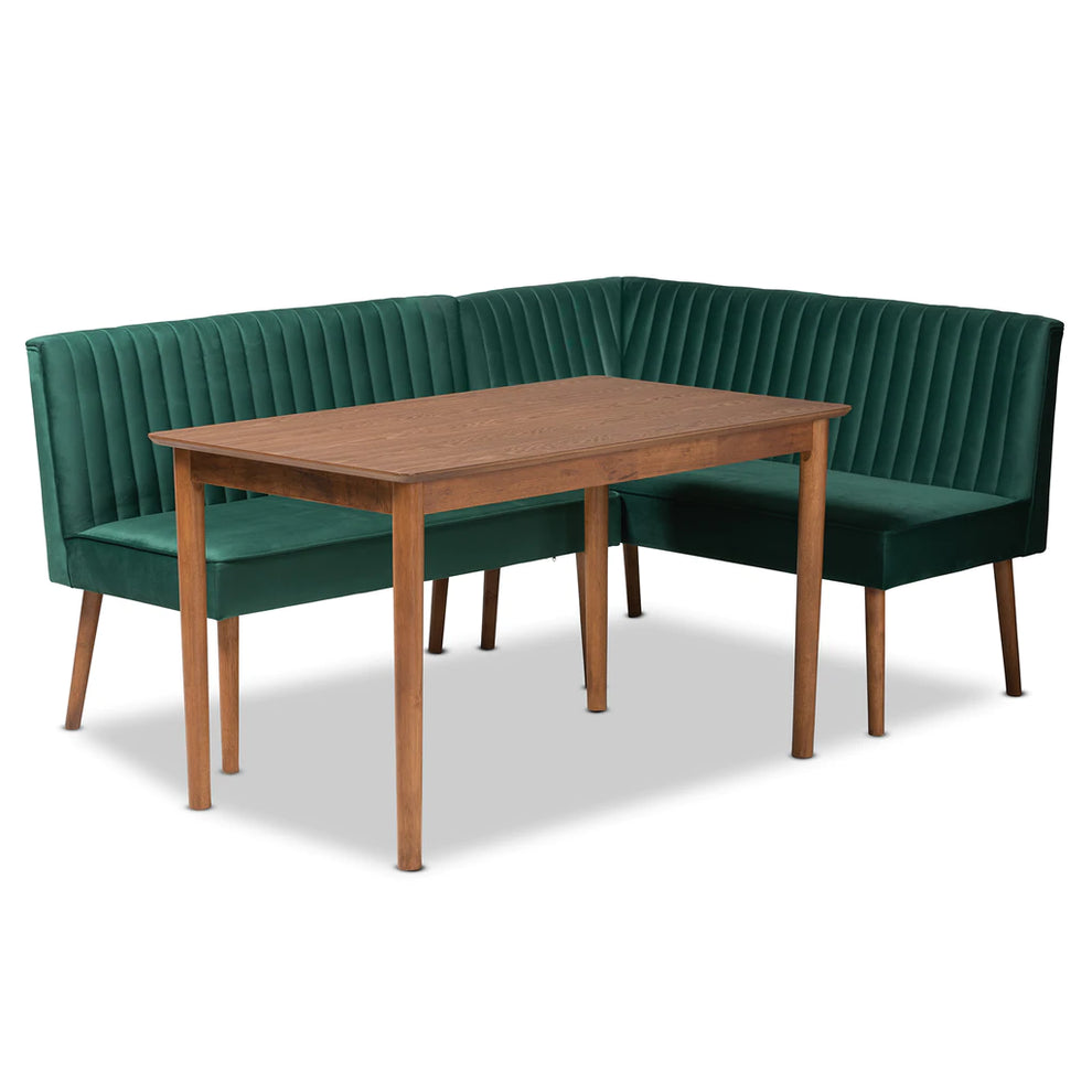 Baxton Studio Alvis Mid-Century Modern Emerald Green Velvet Upholstered And Walnut Brown Finished Wood 3-Piece Dining Nook Set | Dining Sets | Modishstore - 2