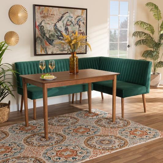 Baxton Studio Alvis Mid-Century Modern Emerald Green Velvet Upholstered And Walnut Brown Finished Wood 3-Piece Dining Nook Set | Dining Sets | Modishstore