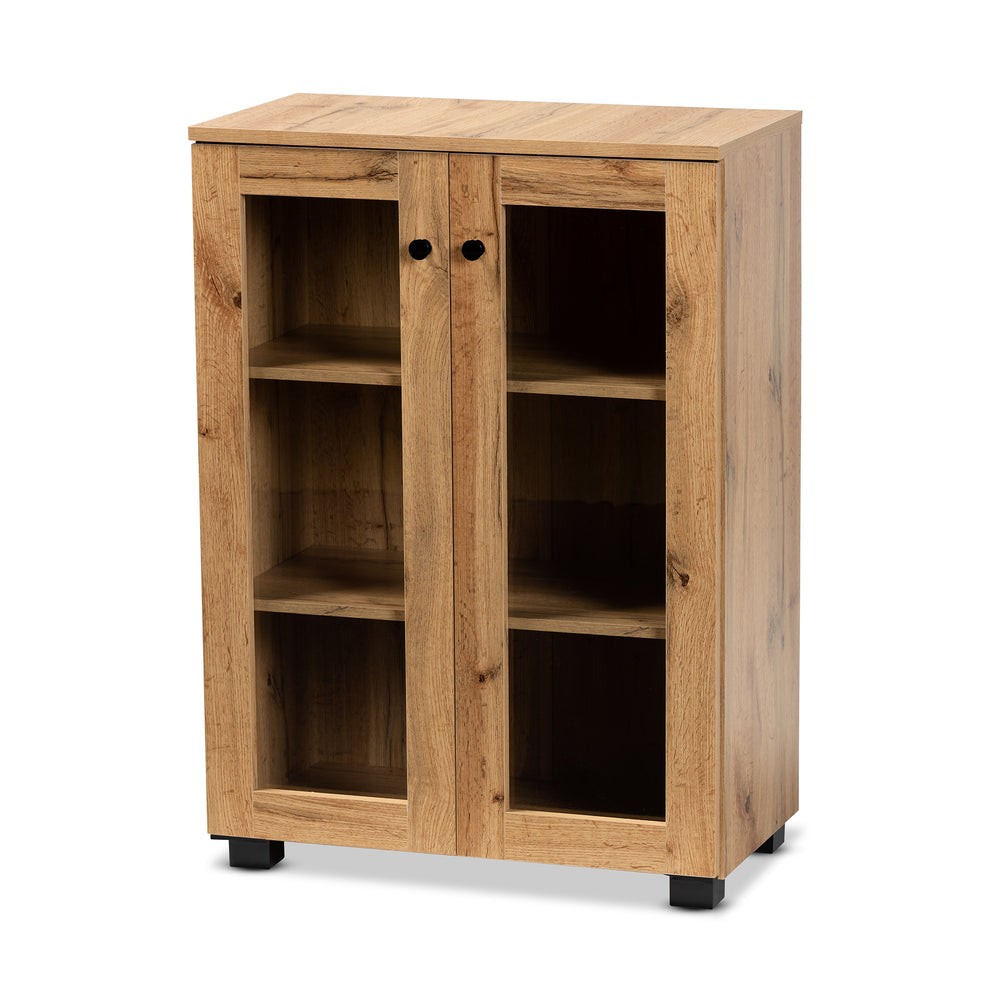 Baxton Studio Mason Modern and Contemporary Oak Brown Finished Wood 2-Door Storage Cabinet with Glass Doors | Cabinets | Modishstore - 2