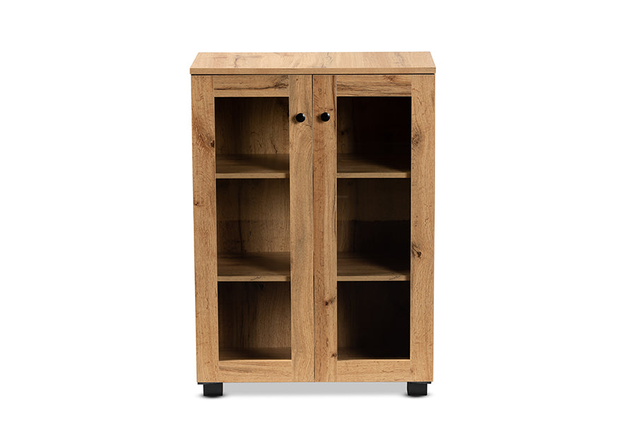 Baxton Studio Mason Modern and Contemporary Oak Brown Finished Wood 2-Door Storage Cabinet with Glass Doors | Cabinets | Modishstore - 7