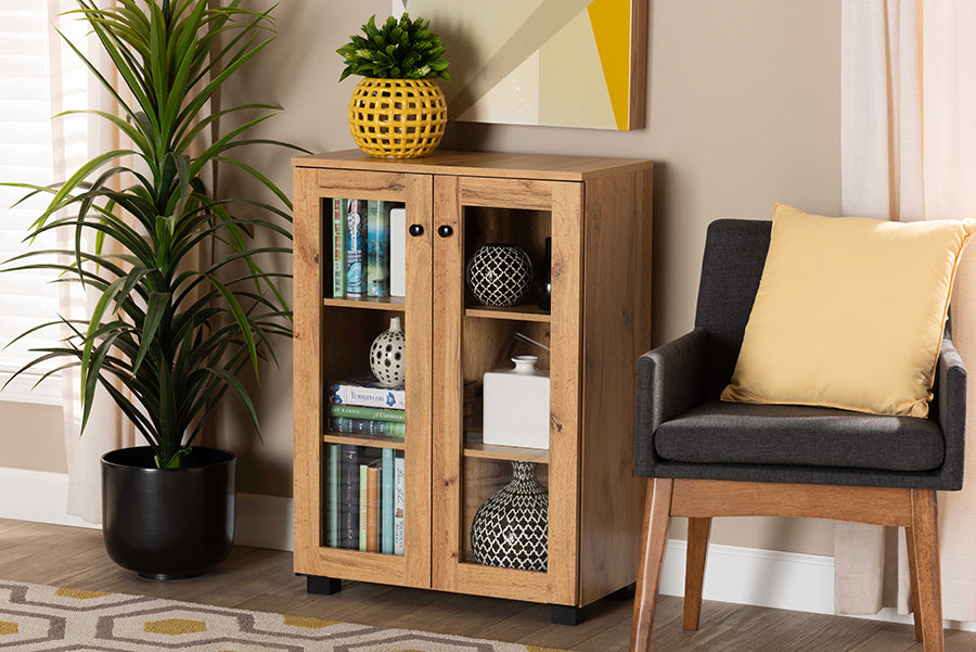 Baxton Studio Mason Modern and Contemporary Oak Brown Finished Wood 2-Door Storage Cabinet with Glass Doors | Cabinets | Modishstore