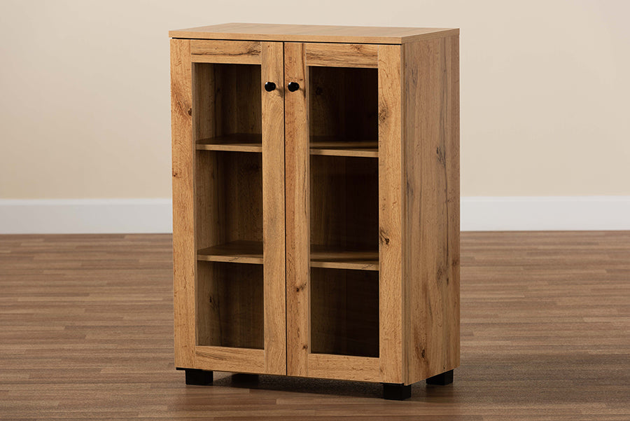 Baxton Studio Mason Modern and Contemporary Oak Brown Finished Wood 2-Door Storage Cabinet with Glass Doors | Cabinets | Modishstore - 3