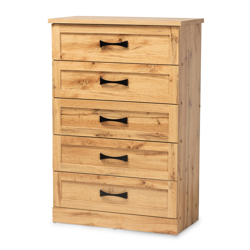 Baxton Studio Colburn Modern and Contemporary Oak Brown Finished Wood 5-Drawer Tallboy Storage Chest | Drawers | Modishstore - 2