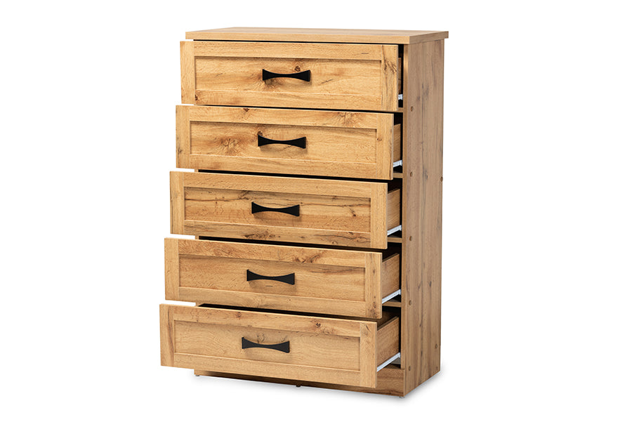 Baxton Studio Colburn Modern and Contemporary Oak Brown Finished Wood 5-Drawer Tallboy Storage Chest | Drawers | Modishstore - 6
