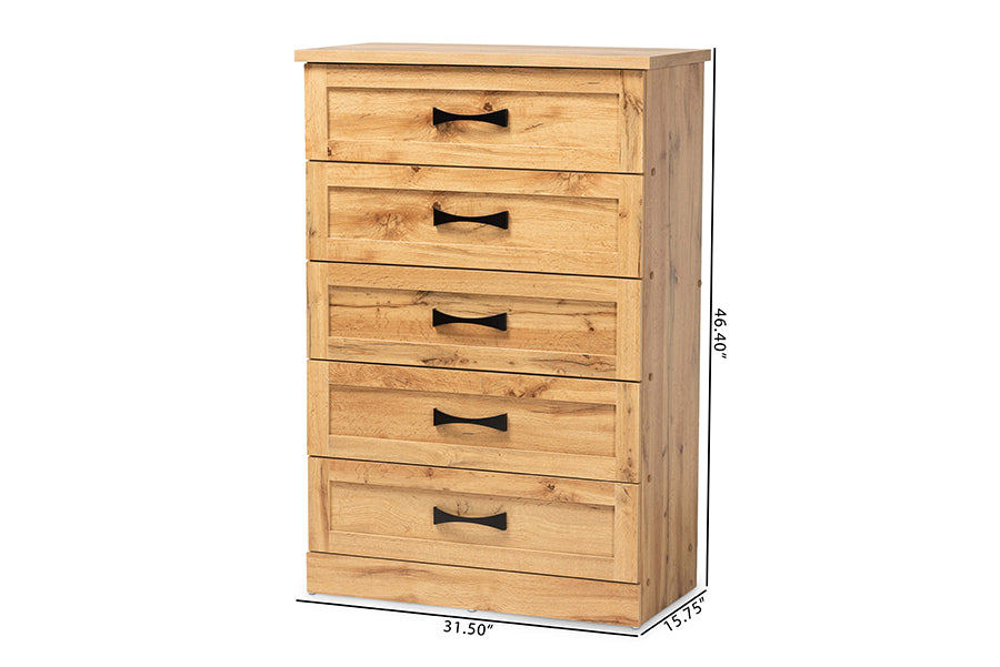 Baxton Studio Colburn Modern and Contemporary Oak Brown Finished Wood 5-Drawer Tallboy Storage Chest | Drawers | Modishstore - 7